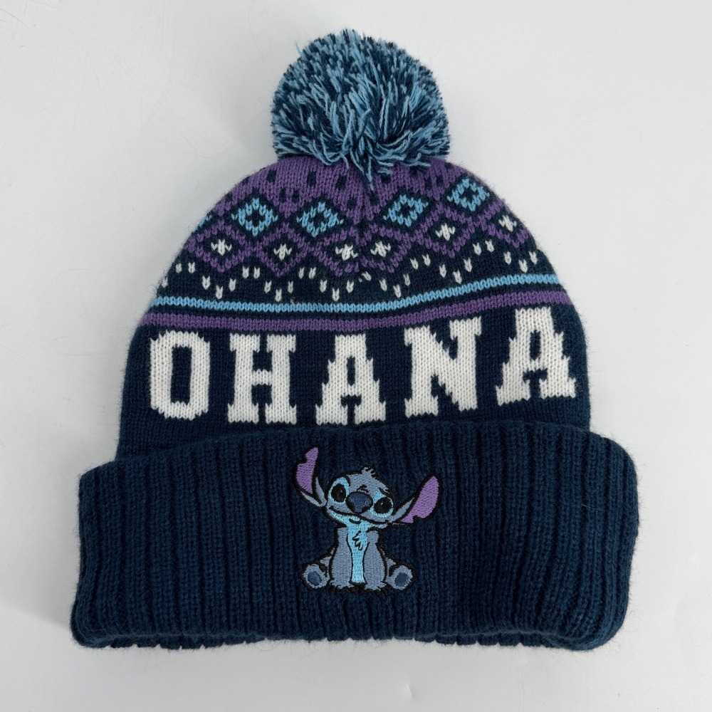 Disney Lilo and Stitch Ohana Blue Fair Isle Knit Pom Pom Beanie Hat Bioworld OS